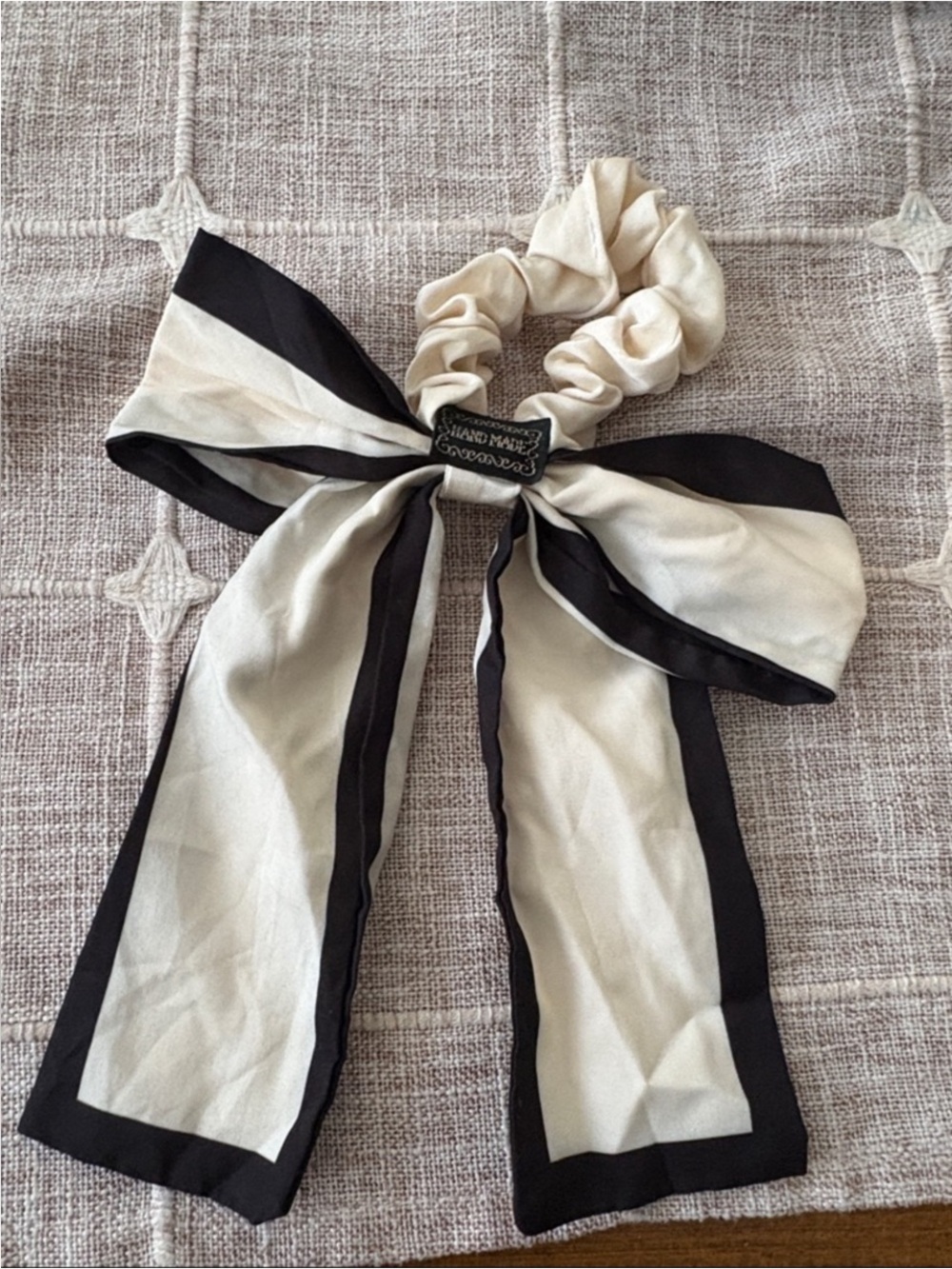 Black & Cream Bow Scrunchie Hair Tie with Long Tails